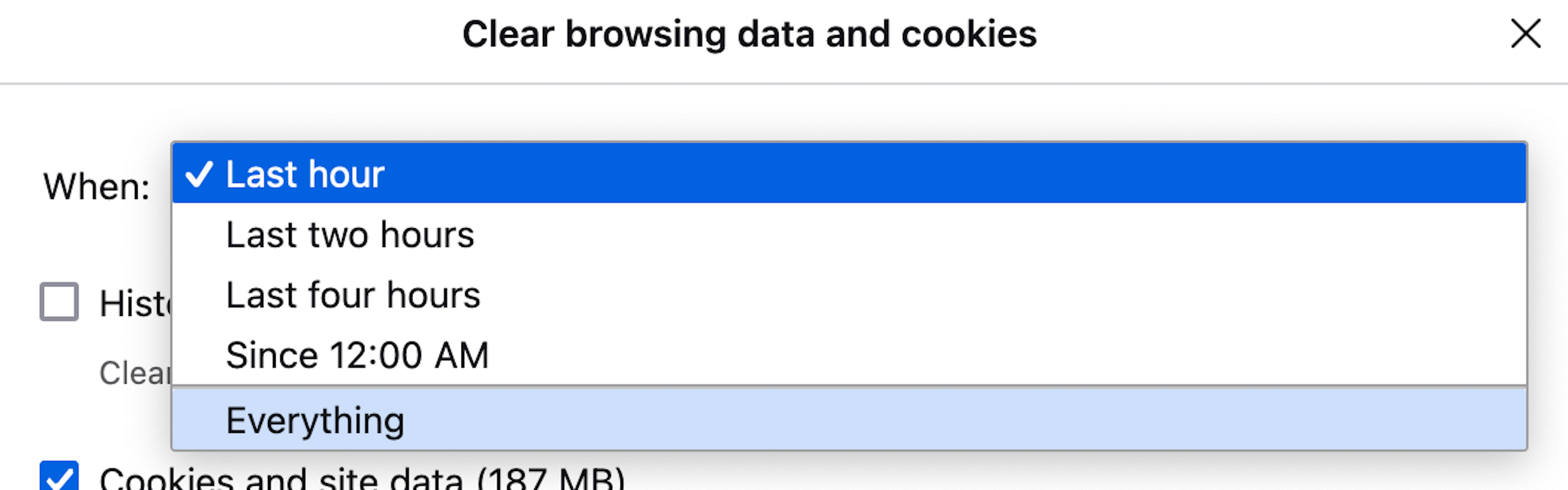Choosing a timeframe for website cookie deletion in FIrefox.