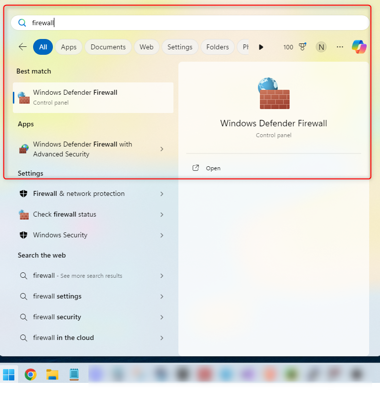 Searching for firewall on Windows start. 