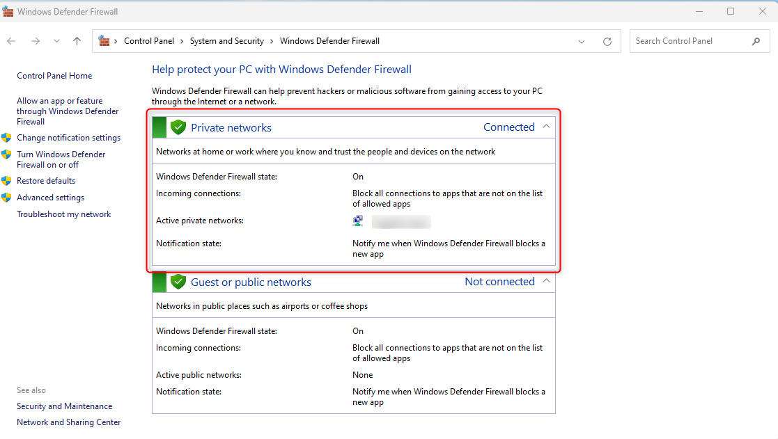 Windows firewall turned on for private networks.