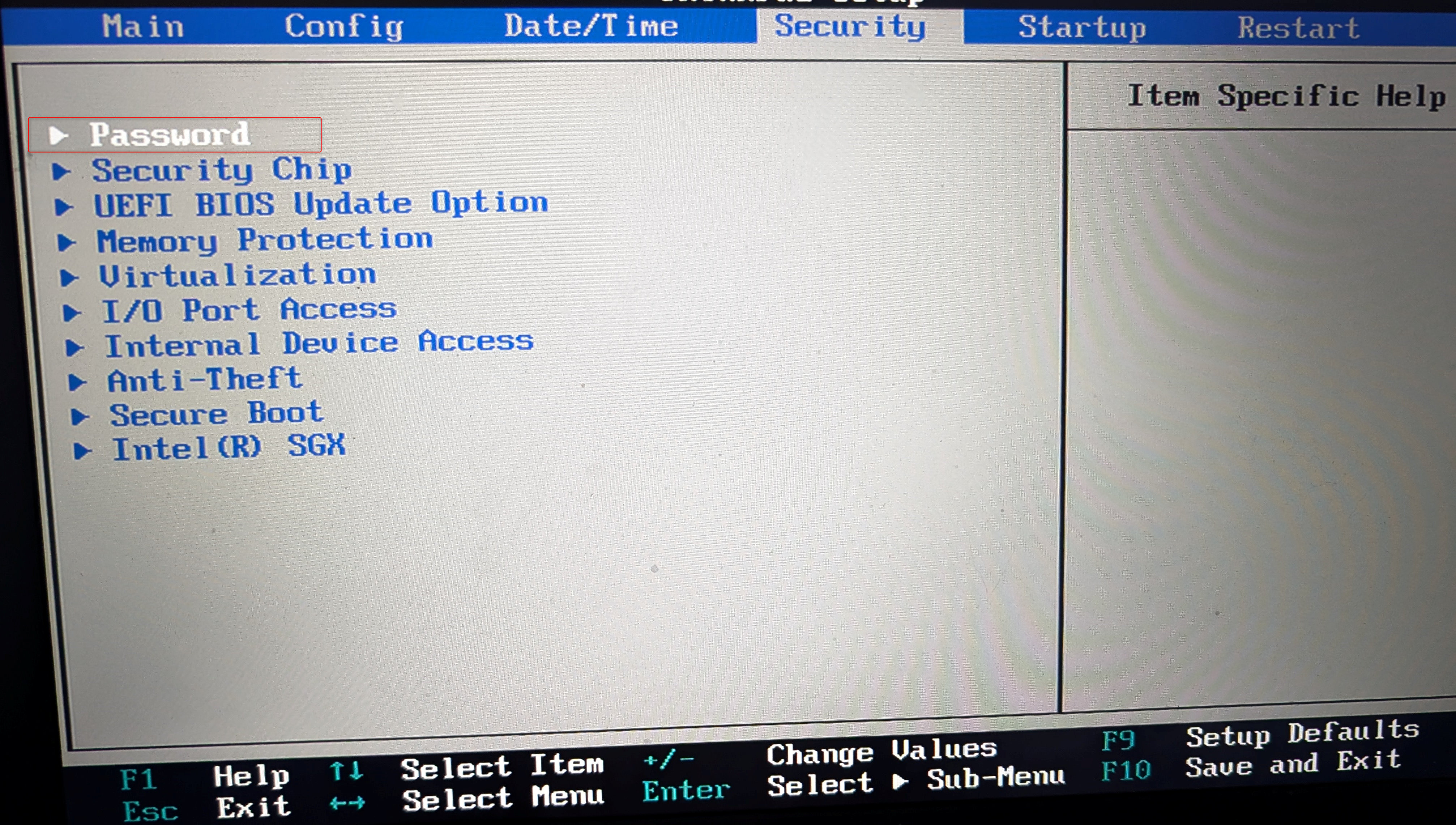 On BIOS settings in Windows highlighting the security section.