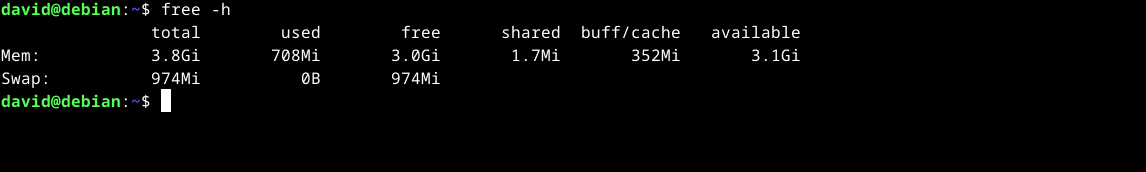 free -h output showing free and virtual memory in the Linux terminal.