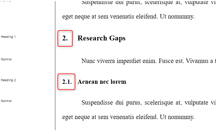 Heading numbers in an academic document in Microsoft Word.