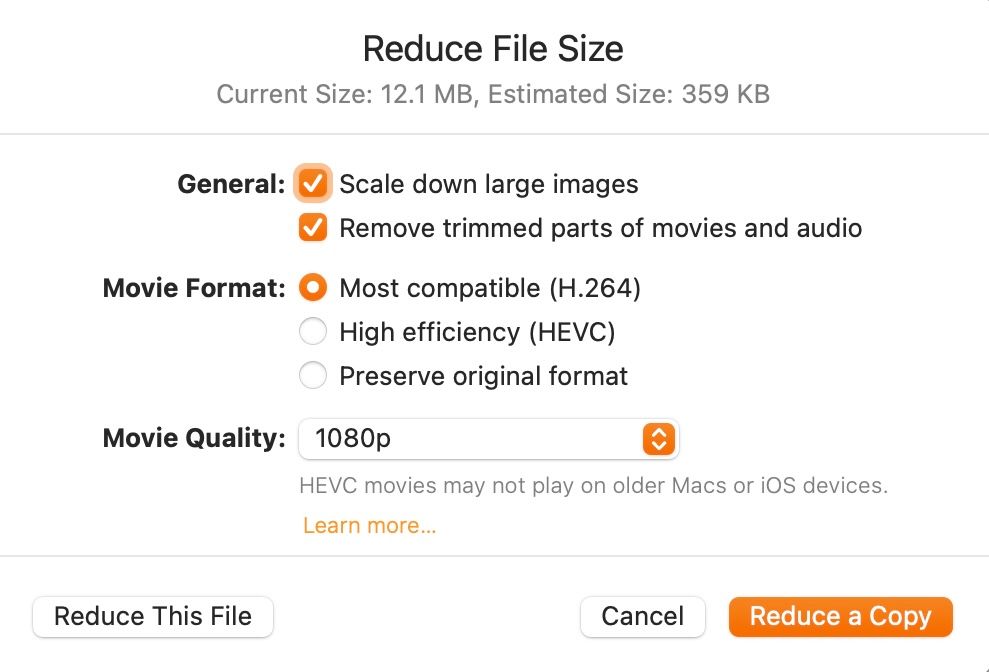 Reduce File Size window in Apple Pages on a Mac.