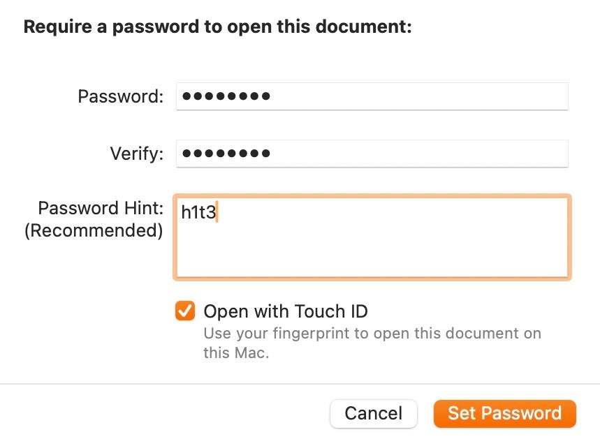 Password window in Apple Pages on a Mac to password protect a document.