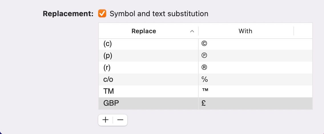 Creating a custom text substitution in Pages on a Mac.