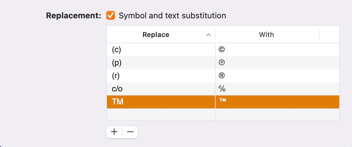 Enabling the Symbol and Text Substitution option in Pages.