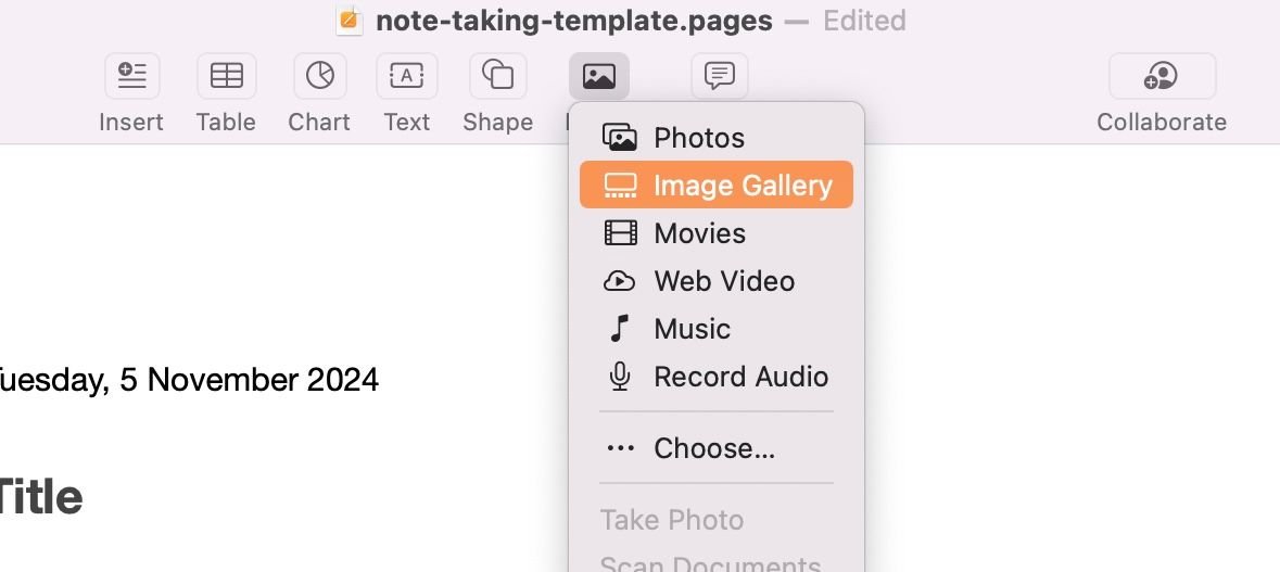 Image Gallery option for Media attachment on Pages.