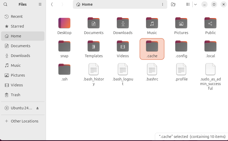 Ubuntu file explorer showing where to find hidden .cache files.