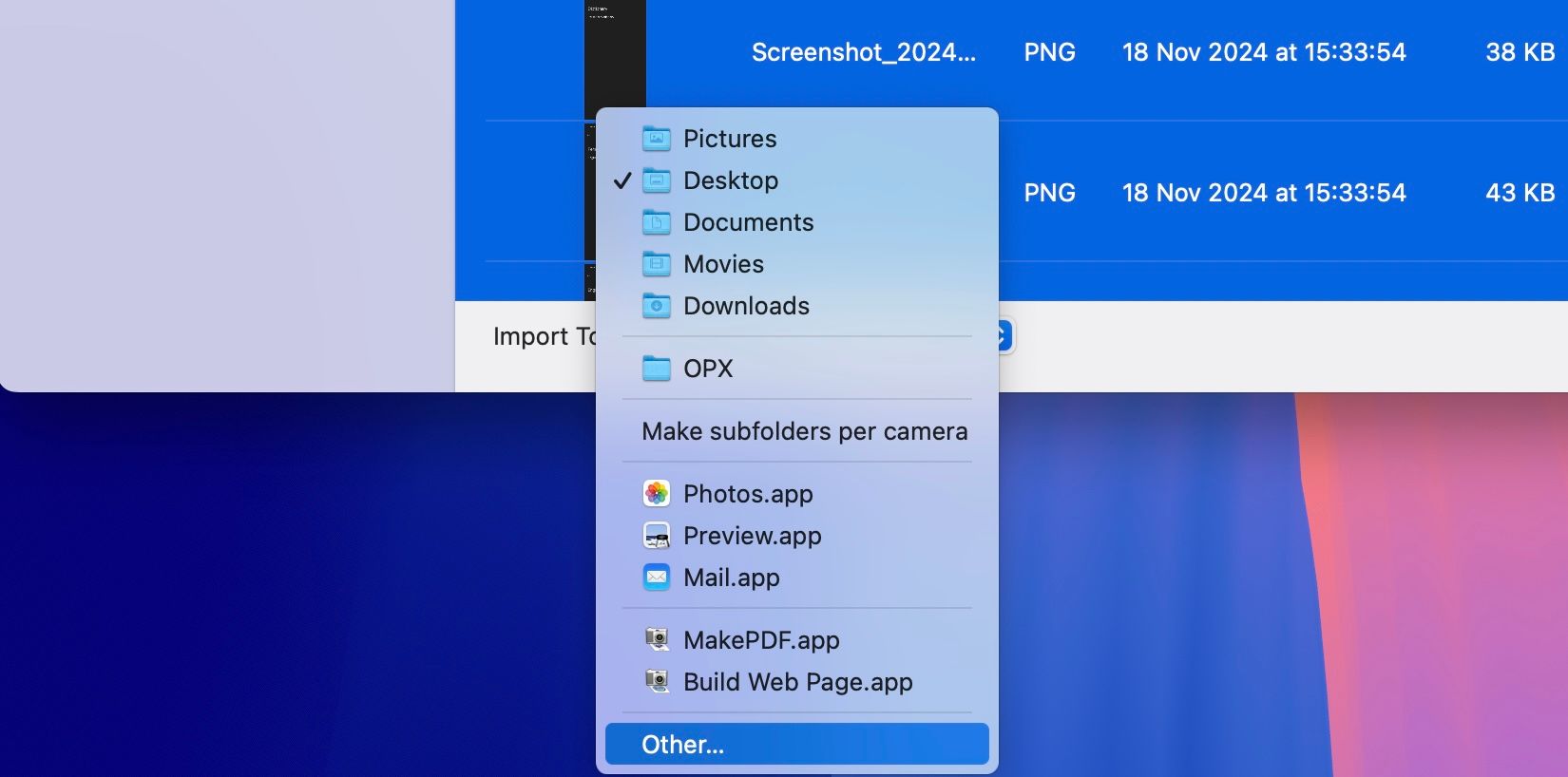 Choosing the destination folder to save imported photos from the connected device using Image Capture.