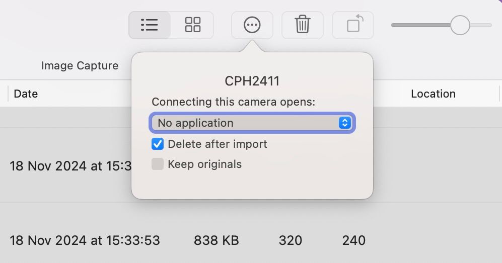 Enabling the Delte After Import option in Image Capture app to delete items after importing to the Mac.