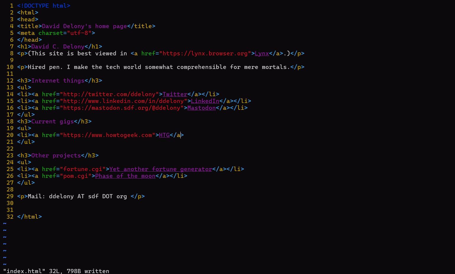 HTML code in Vim on a shell account.