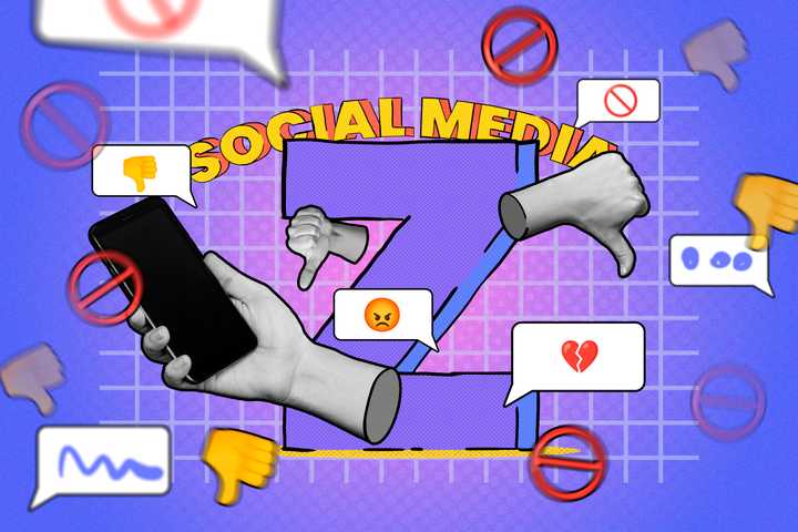 Illustration of a hand holding a phone with some hands giving thumbs down, message bubbles with emojis around, and the letter 'Z' in the background.