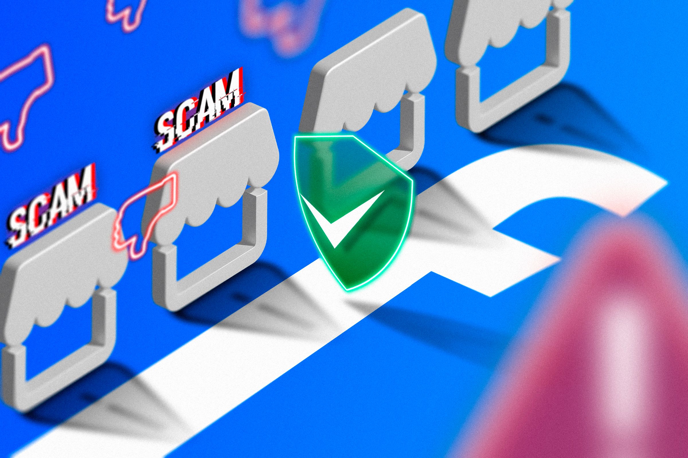 Illustration of several marketplaces side by side marked as spam, the Facebook logo on the ground, and a security icon.