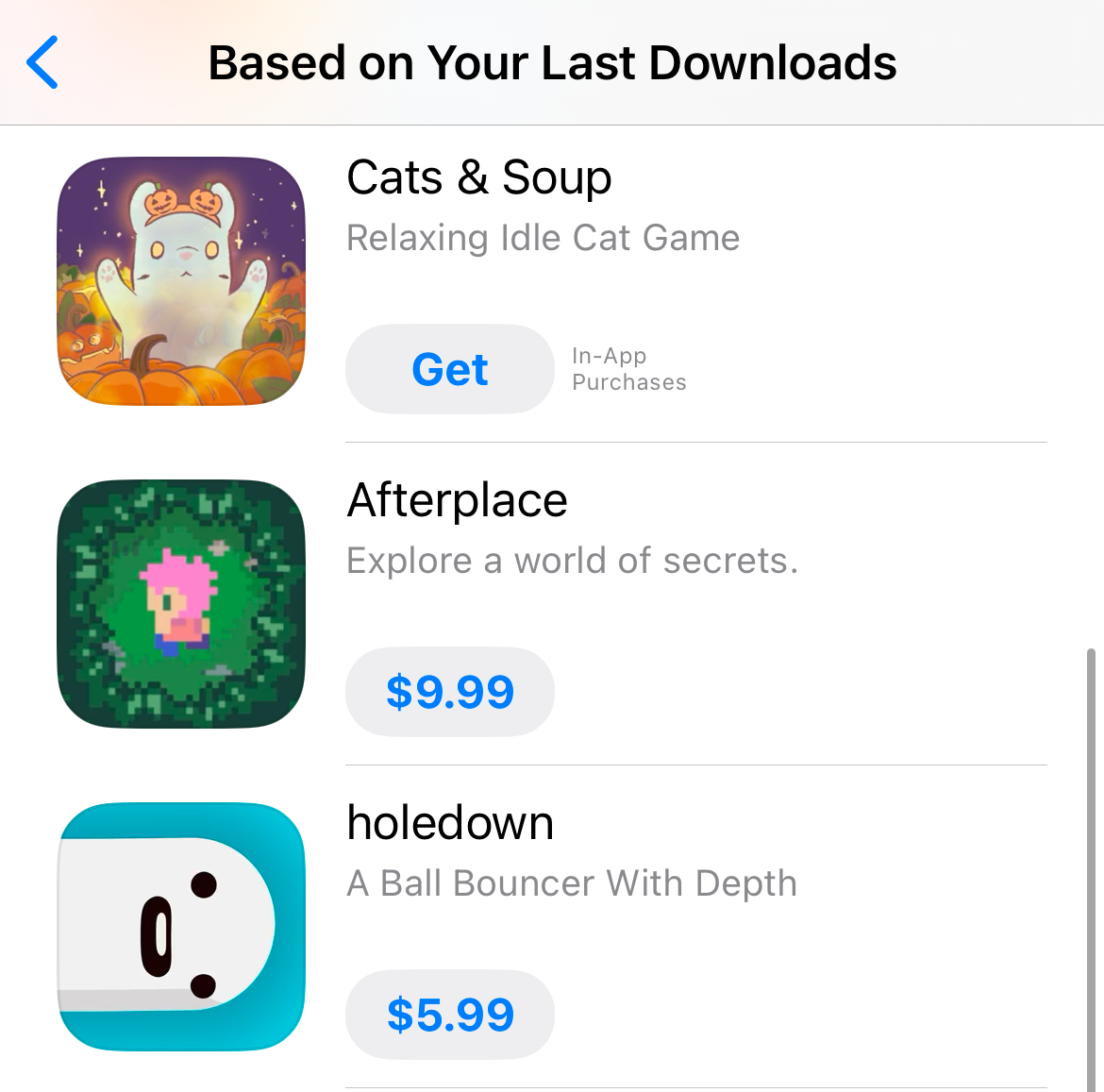 App Store game recommendations based on downloads.