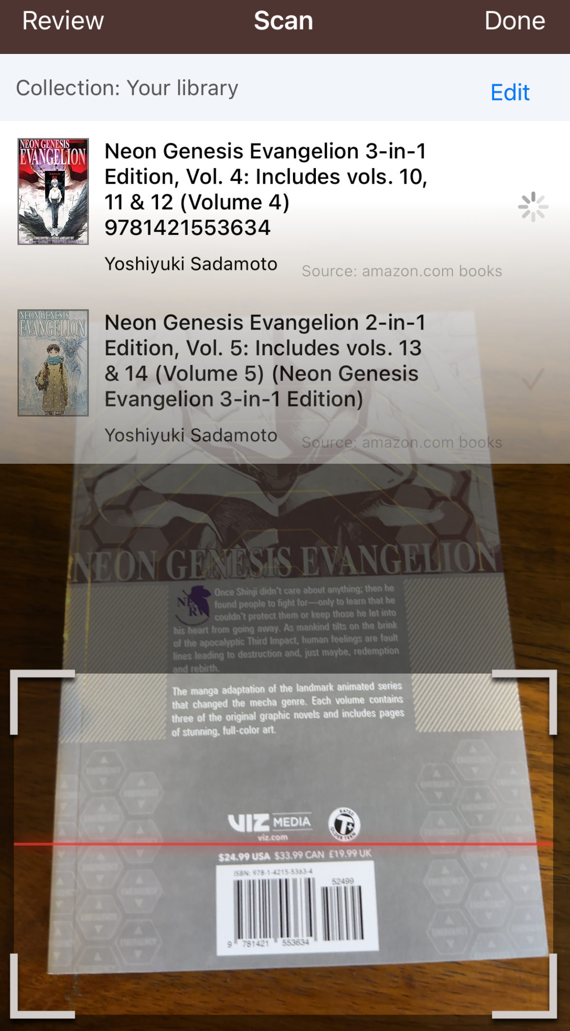 Screenshot of a book being scanned in by LibraryThing.