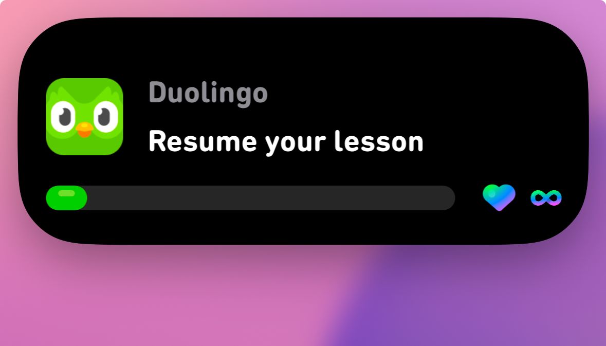 A live activity on an iPhone showing Duolingo lesson progress.