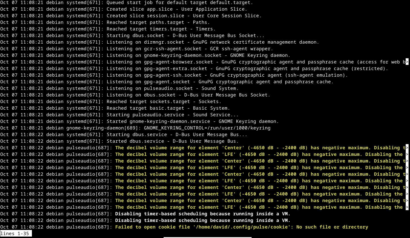 journalctl screen showing system logs in the Linux terminal.