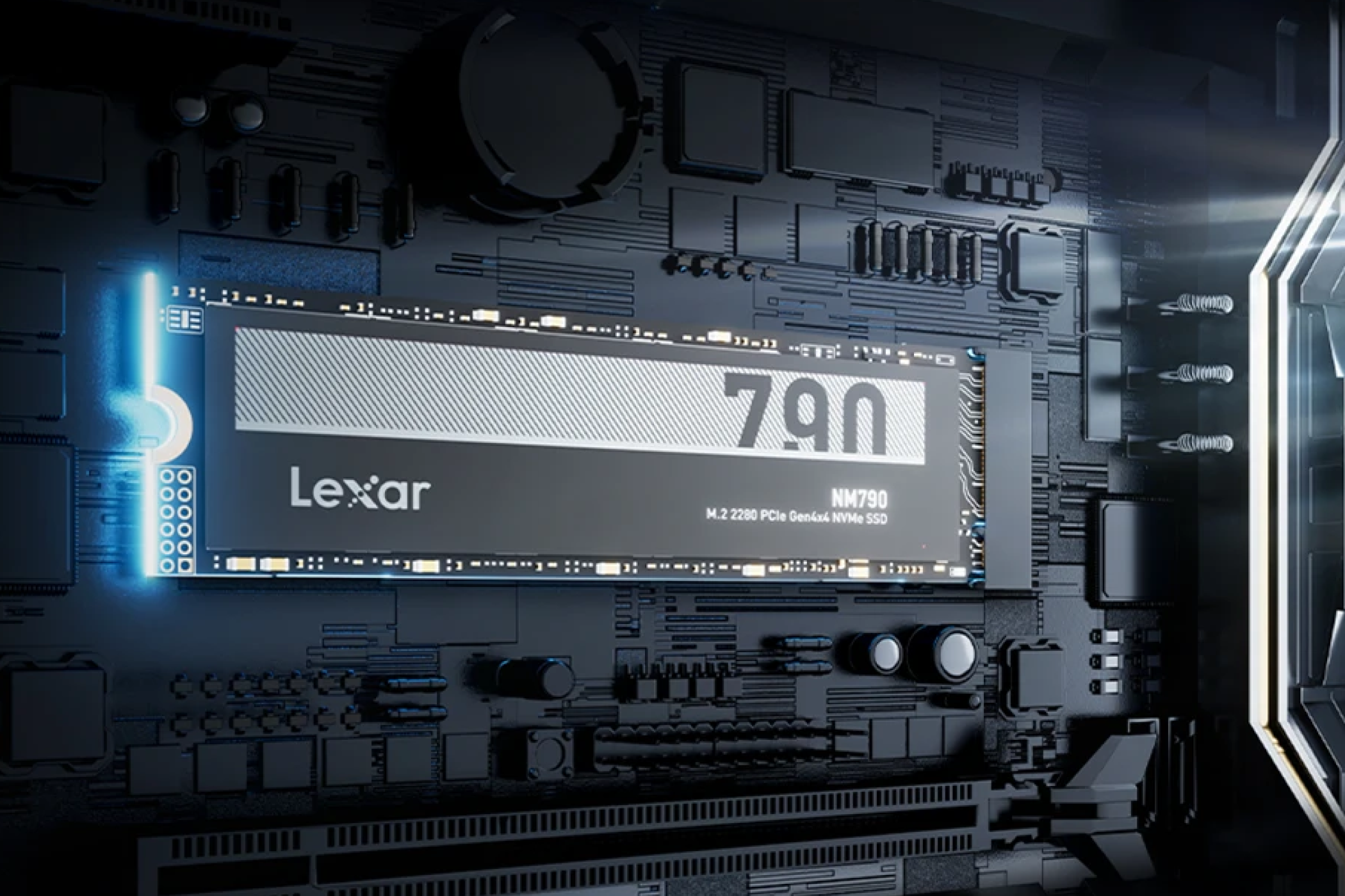 Lexar NM790 SSD installed on a motherboard. 