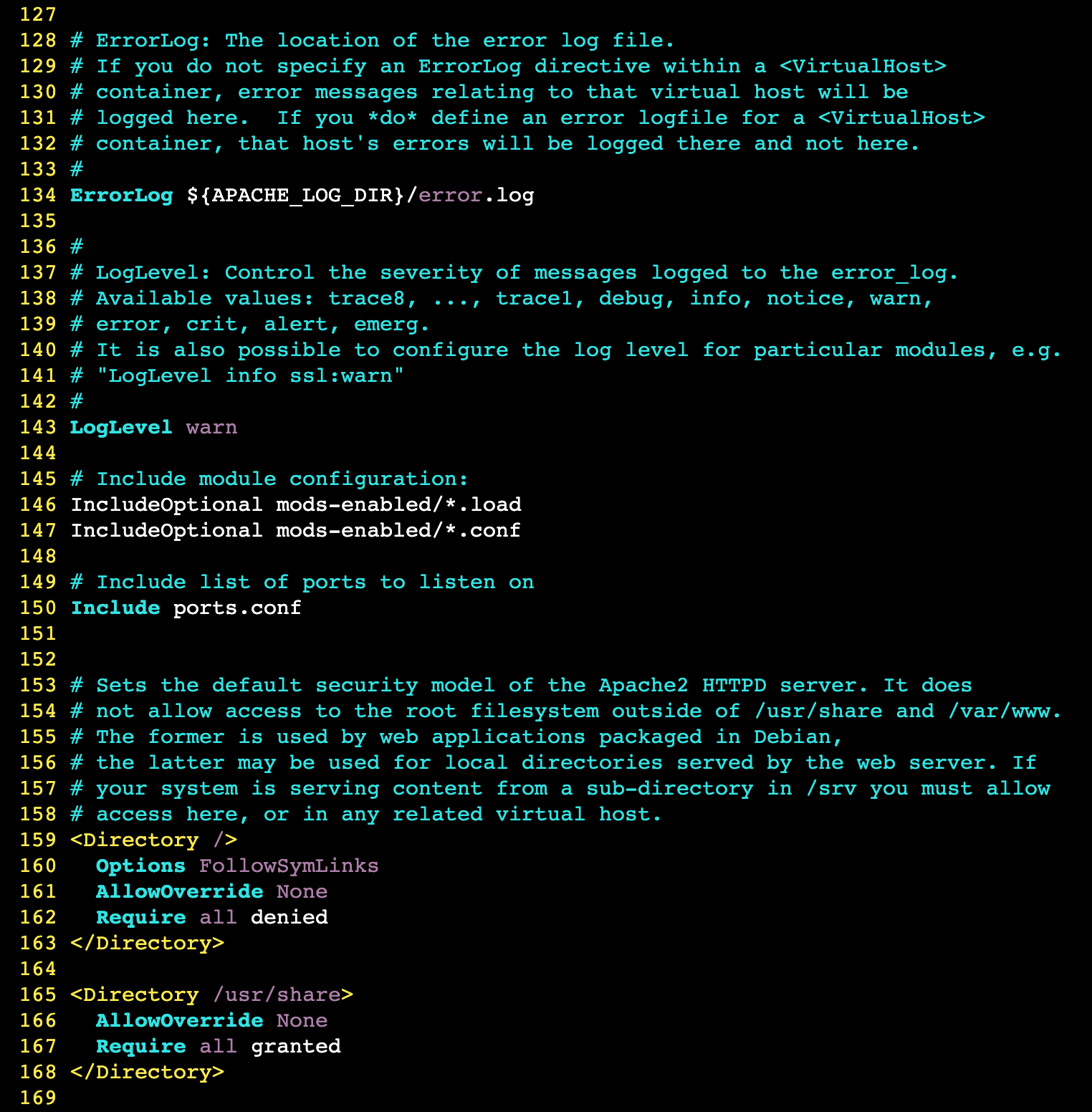 An excerpt from an apache2 config file showing plenty of comments surrounding directives to define the location of an error file and configure access to specific directories.