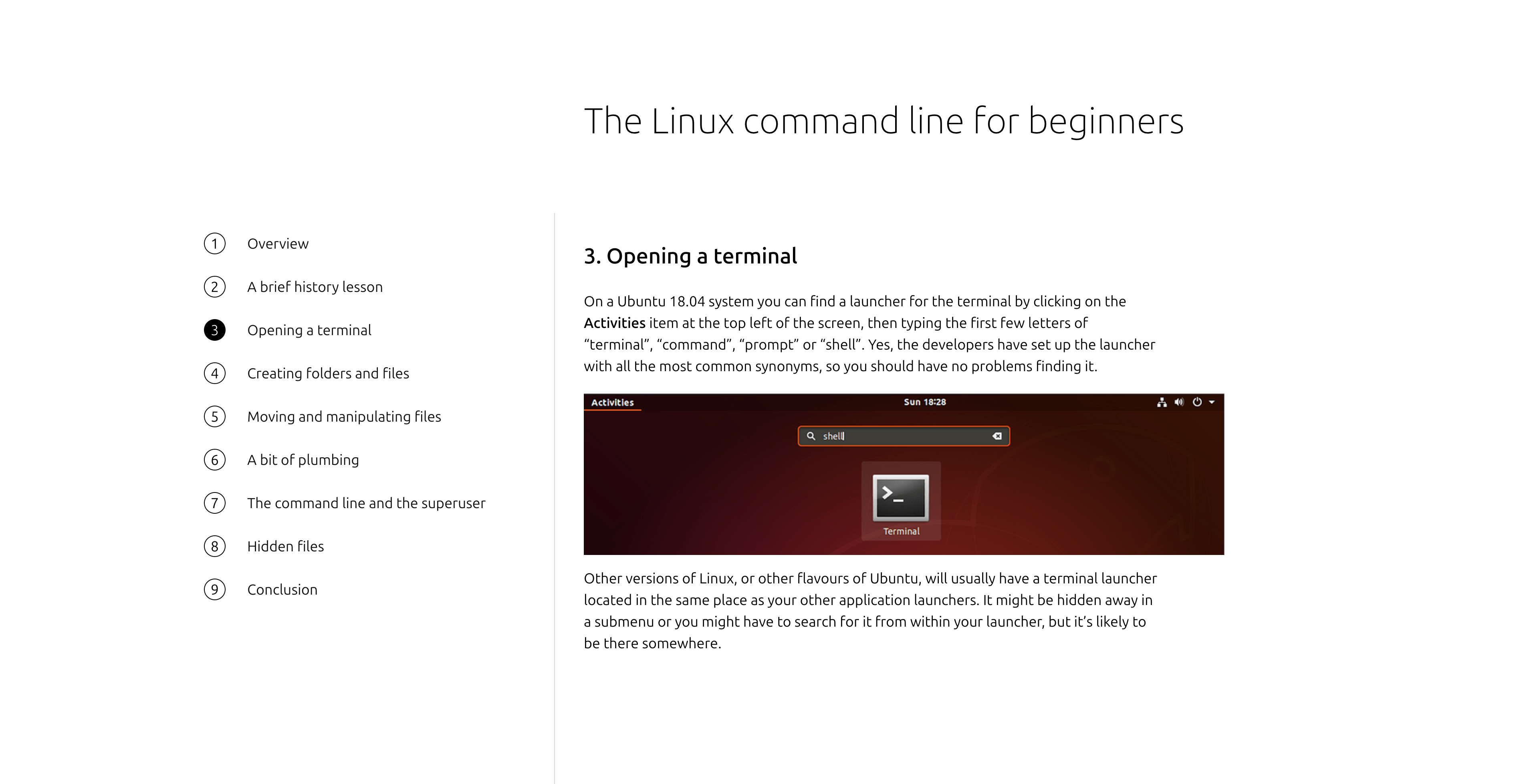 A page from the "Linux command line for beginners" site explaining how to open a terminal in Ubuntu.