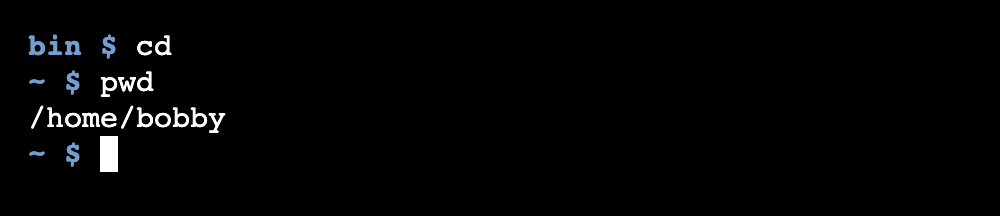 The Linux cd command with no arguments changes directory to the user's home.