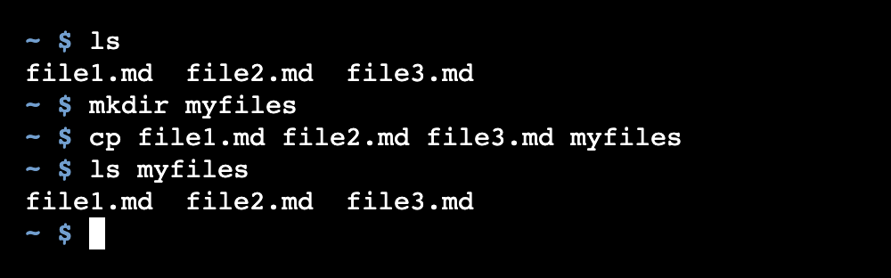 The Linux cp command creating copies of three files in a subdirectory.