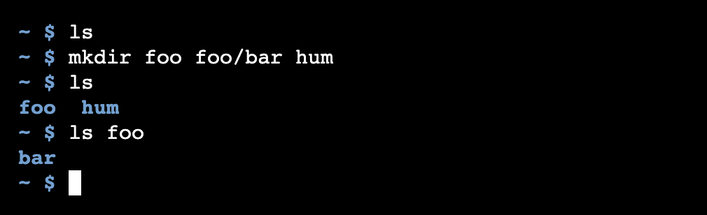 The Linux mkdir command creating three directories, including one subdirectory.