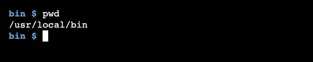 The linux pwd command showing the current directory is "/usr/local/bin."