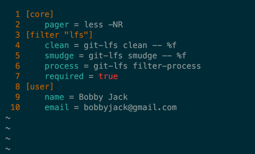 An example .gitconfig file showing its simple INI-like syntax.