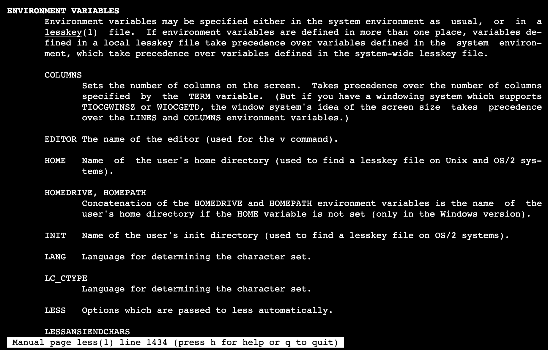 The Linux man page for the less command showing the ENVIRONMENT VARIABLES section.