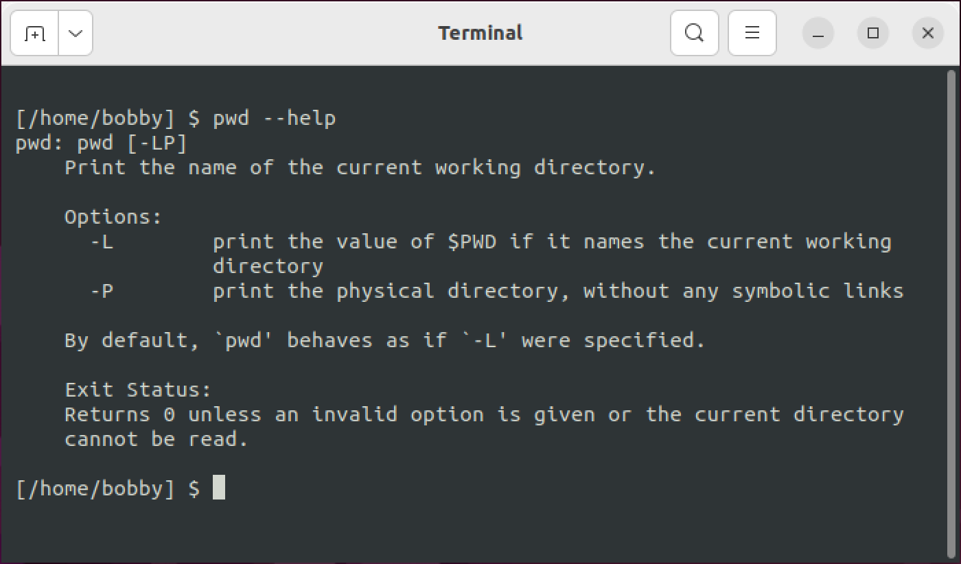 The Linux pwd command with the --help option showing brief usage information.