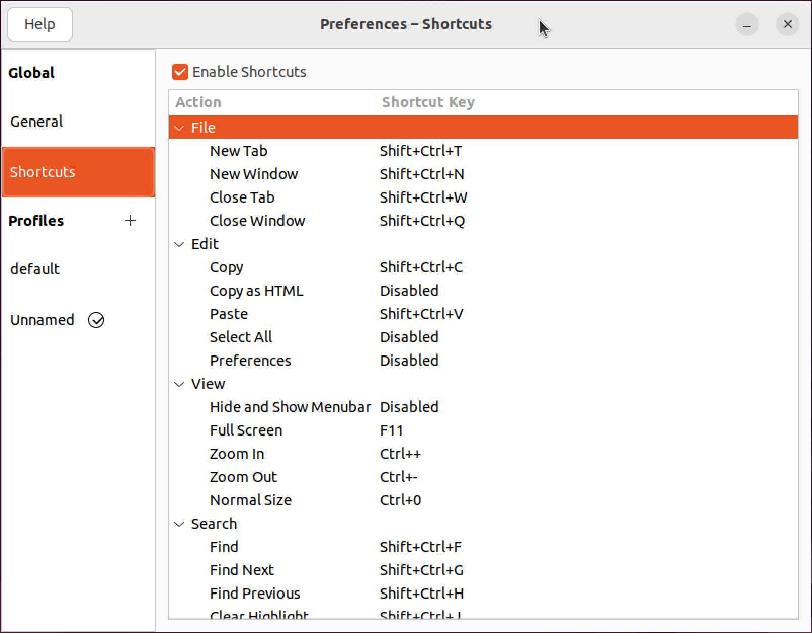 Ubuntu terminal preferences showing keyboard shortcuts for common operations.