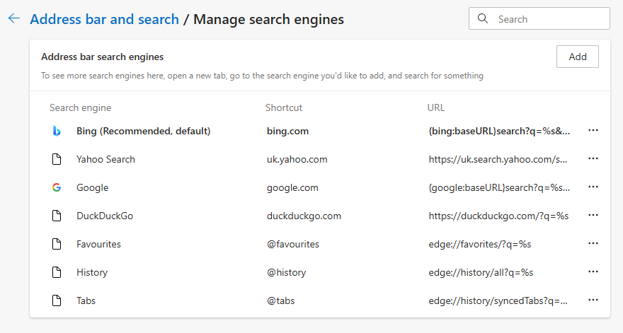 List of address bar search engines in Edge.