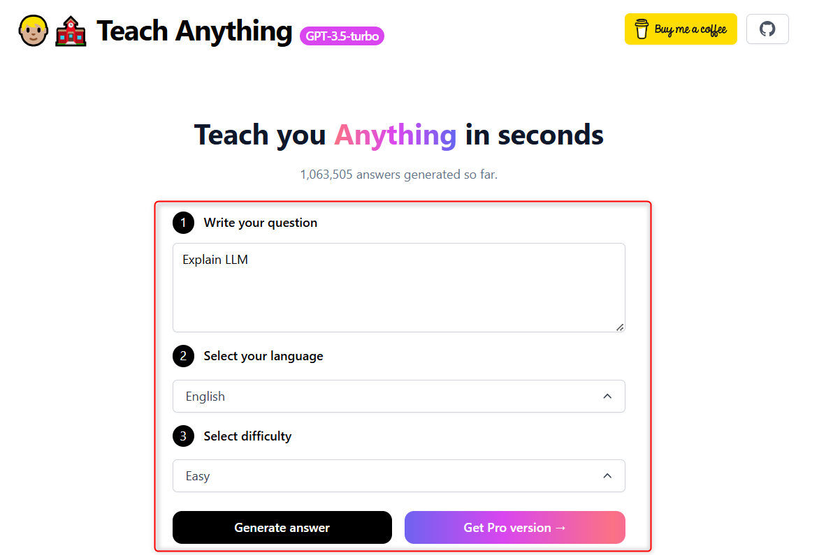 Teach Anything AI tool being asked a question to explain LLMs.