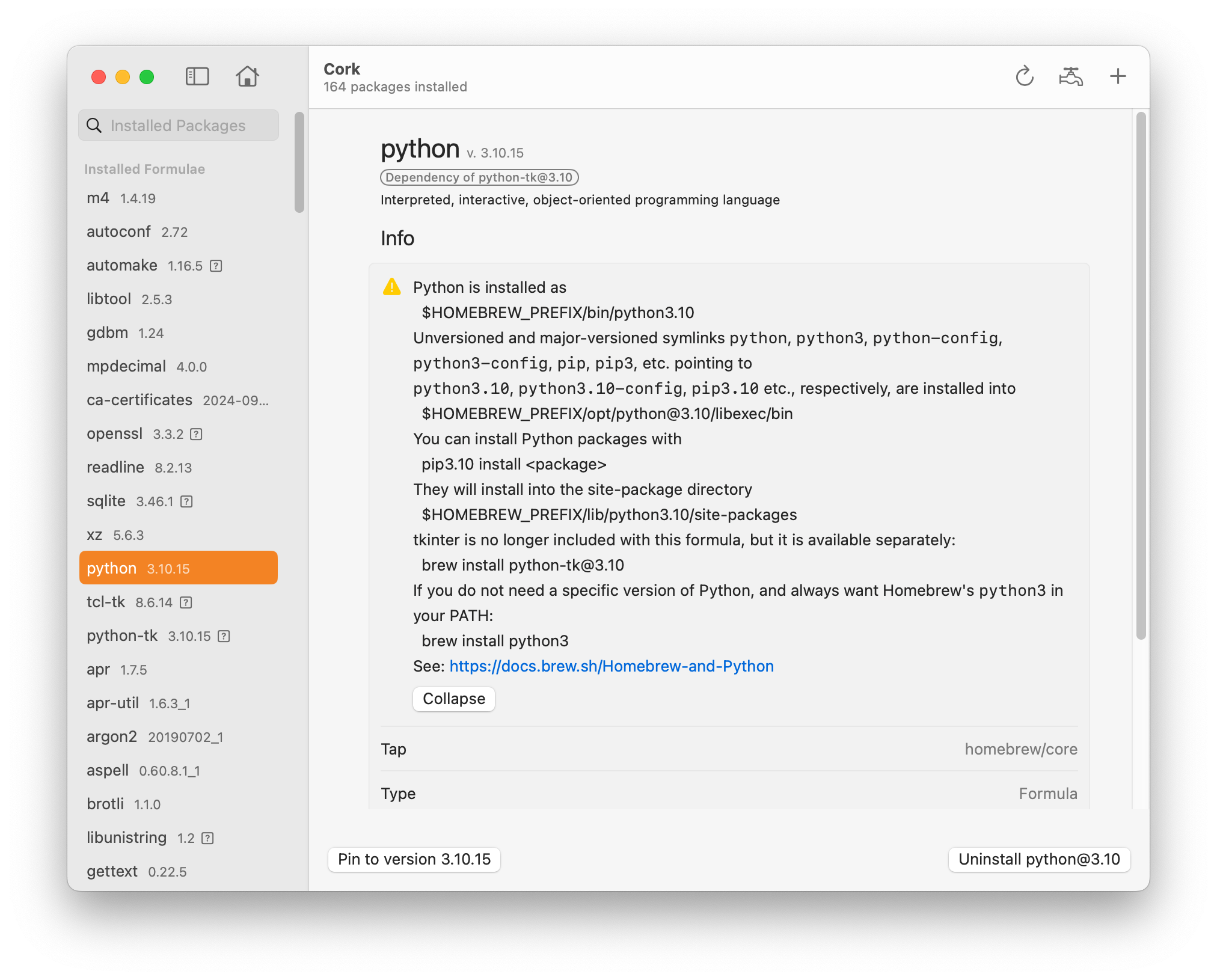 Приложение Cork, показывающее подробную информацию для конкретной формулы. 