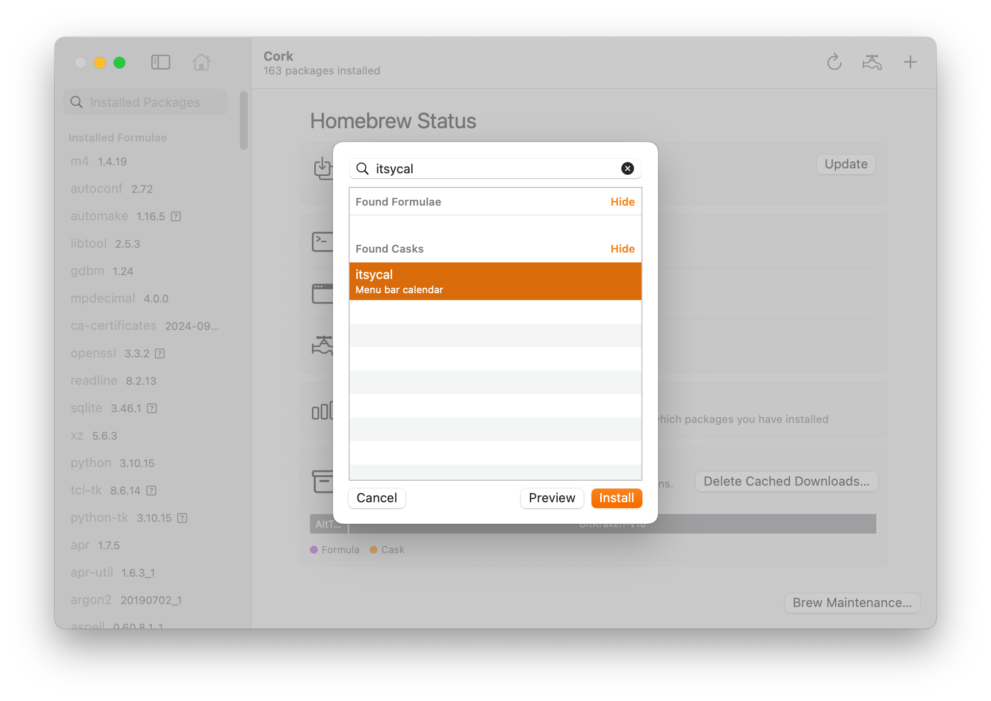 Приложение Cork, показывающее результаты поиска. 