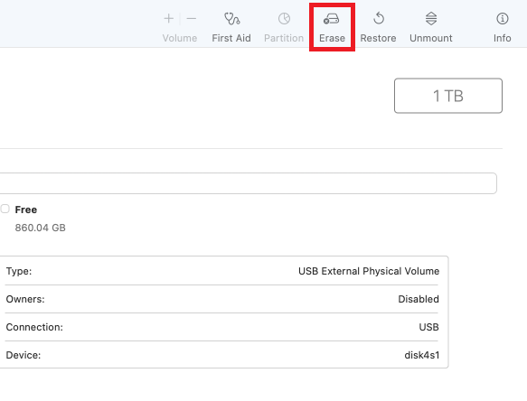 macOS Disk Utility erase button.