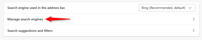 Manage Search Engines on Edge's settings menu.