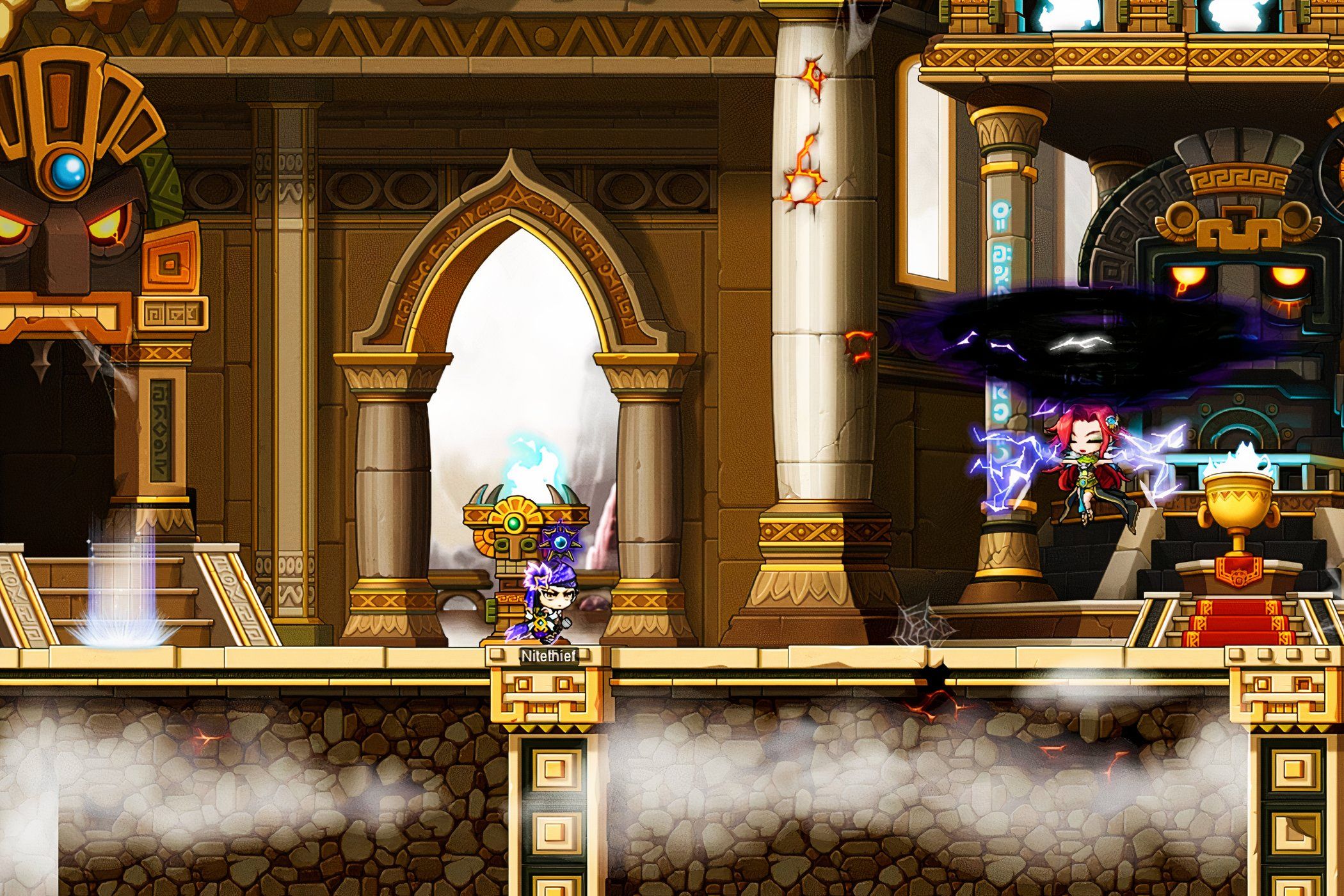 A MapleStory player heading toward an NPC near giant face mask.