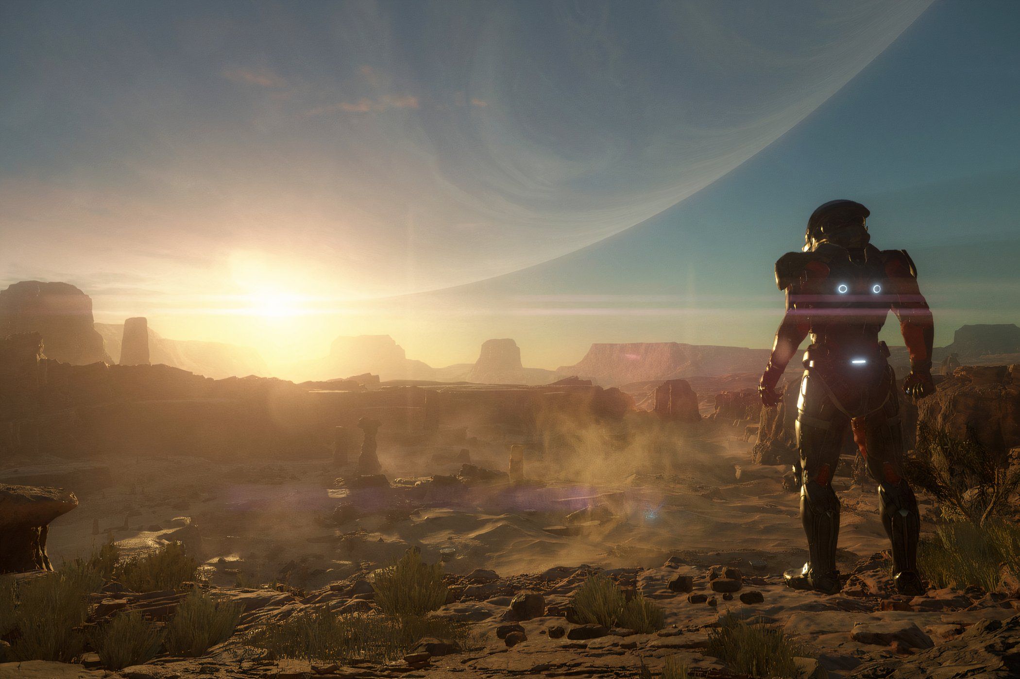 Mass Effect Andromeda player looking out into the landscape of an alien world.