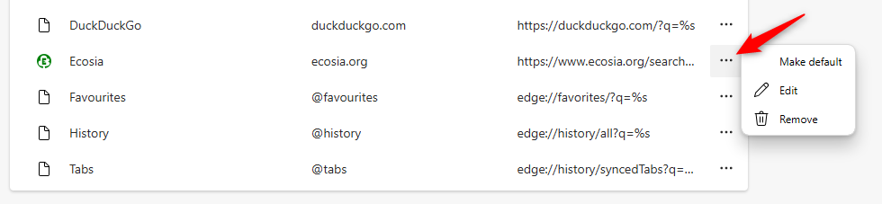 Menu for modifying a search engine in Edge.