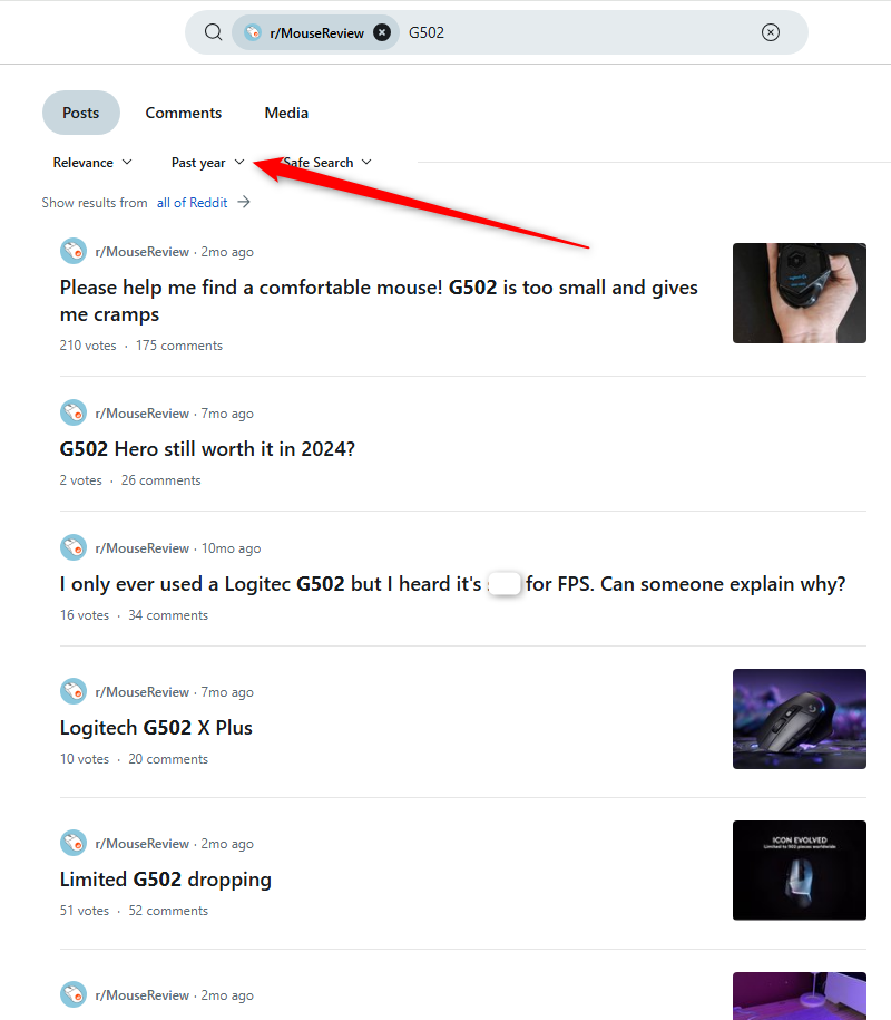 Search results for "G502" in the "r/MouseReview" subreddit, with the results filtered for the Past Year.