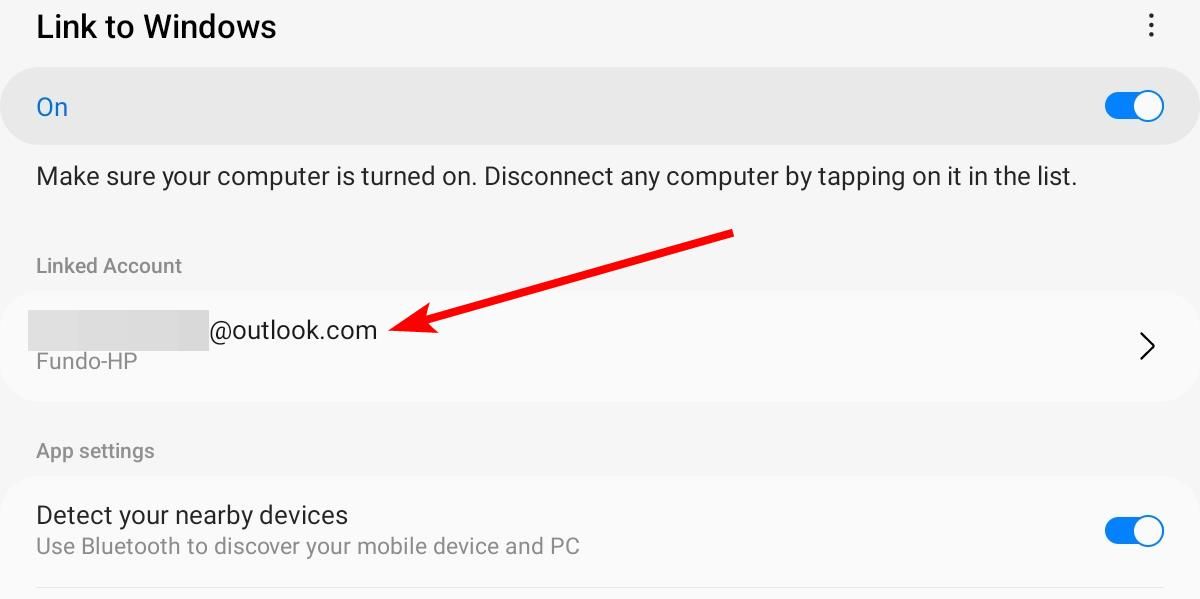 Select Microsoft account in the Link to Windows app on Android.