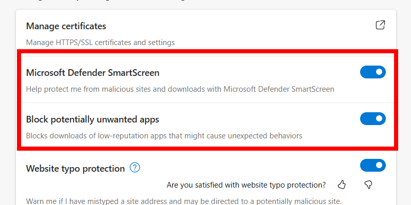 Checking if "Microsoft Defender SmartScreen" and "Block Potentially Unwanted Apps" options are enabled in Microsoft Edge on Windows 11.