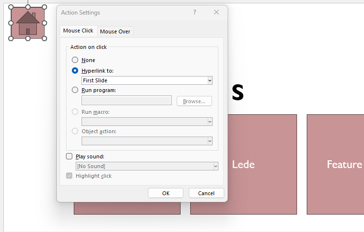 Microsoft PowerPoint's Action Settings dialog box.