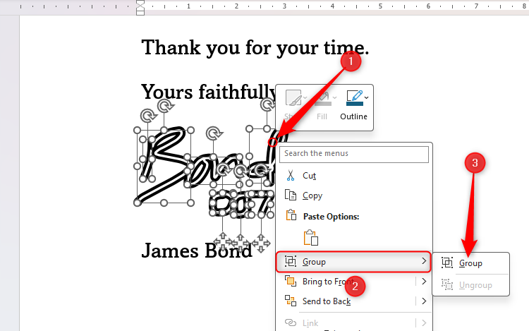 Microsoft Word's Group tool being used to group together the strokes of a drawn signature.