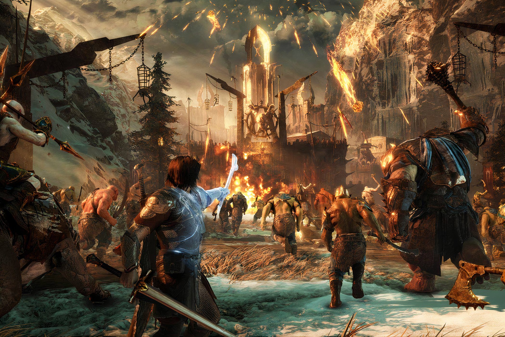 Middle-Earth Shadow of War Talion directing a charge to some gates.