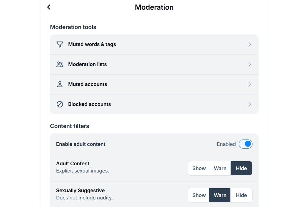 Moderation settings in Bluesky.