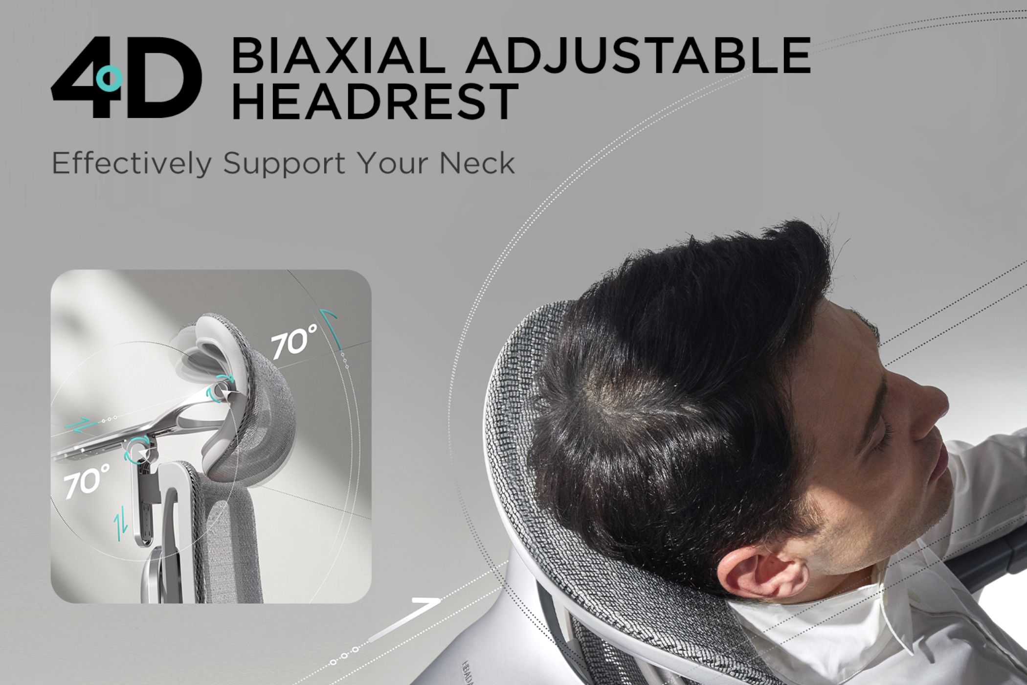 Man Reclining in Chair with Graphic Outlining the Hbada E3's 4D Biaxial Adjustable Headrest