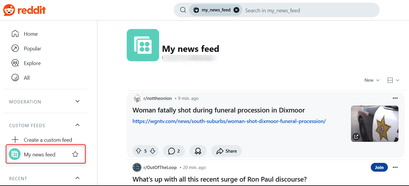 Custom Reddit news feed completed and located on the left-hand menu panel.